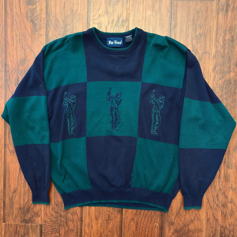 Vintage Par Four Mens Golf Sweater SIze XL Green Blue Colorblock Preppy 90s - Picture 2 of 9